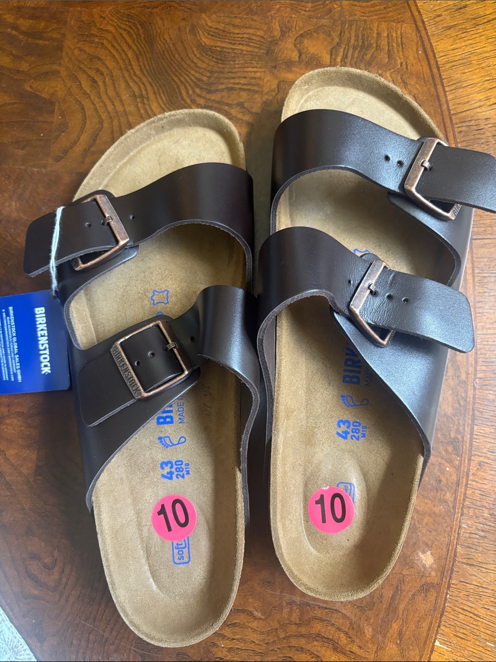 Birkenstock Men's Arizona Two-Strap Sandals in Dark Brown with Copper Buckles
